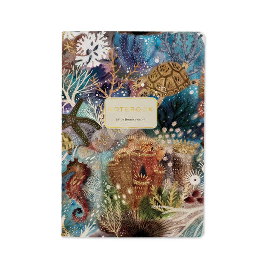 An illustrated notebook cover featuring an underwater sea-creature design with a central gold label that reads 'NOTEBOOK (by Bruna Visconti)'.